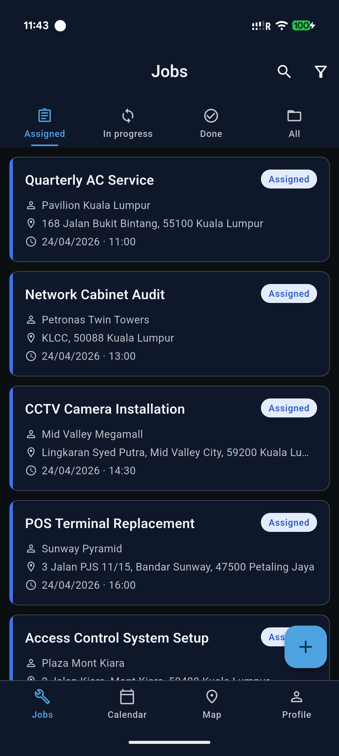 FaiServe technician job list with assigned, in-progress and done jobs for the day