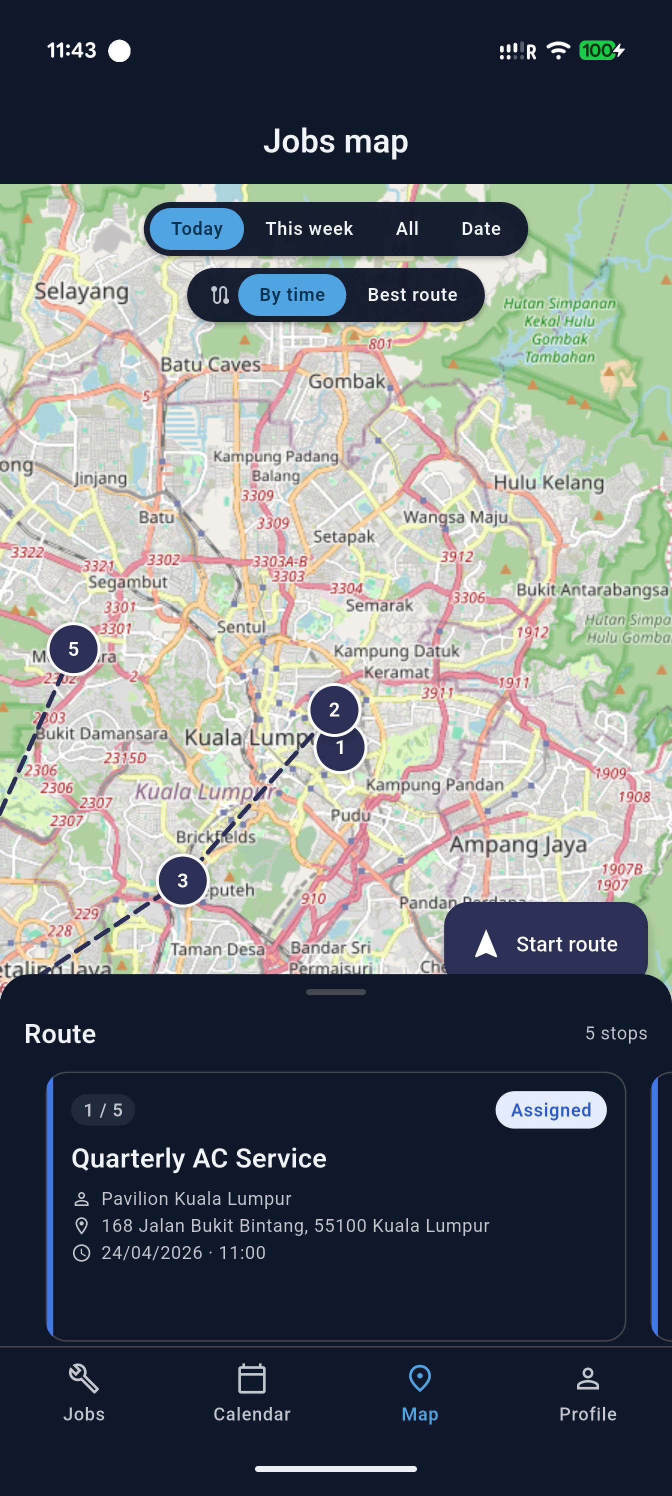 FaiServe live jobs map showing today's routes across Kuala Lumpur