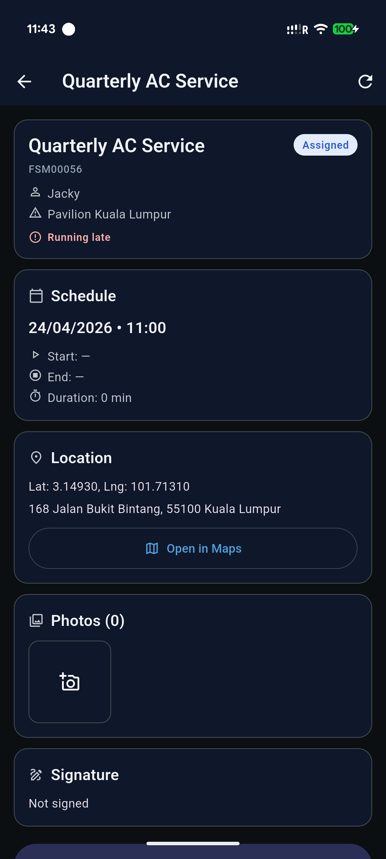 FaiServe job detail screen — schedule, location, photo, signature