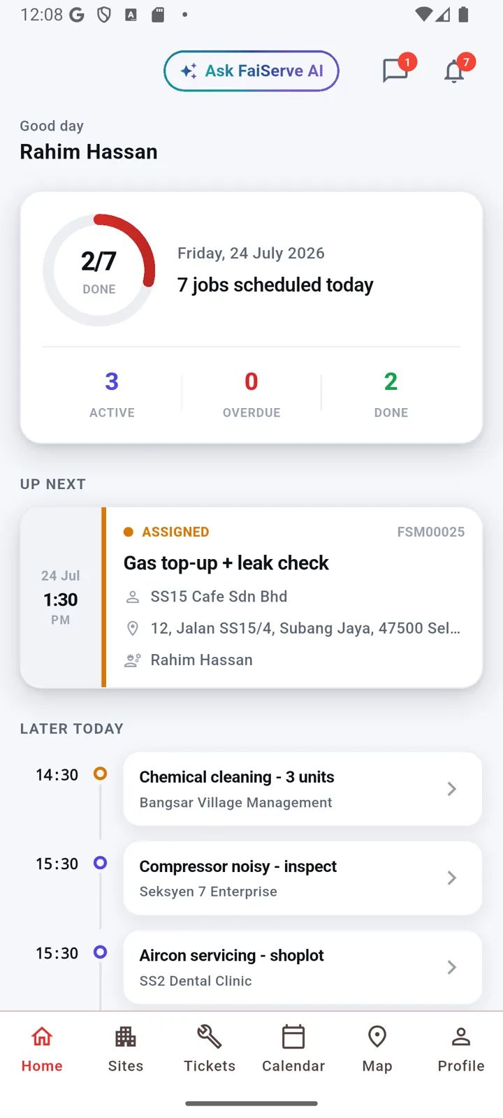 FaiServe mobile app — today's dashboard with progress ring and up-next job
